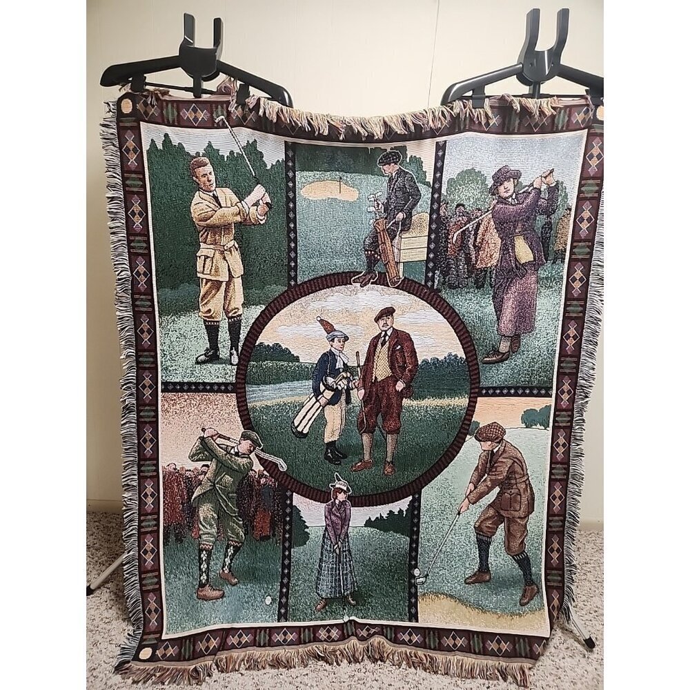 American Weavers Woven Tapestry Golf Themed‎ Throw Blanket, Textile with Fringe